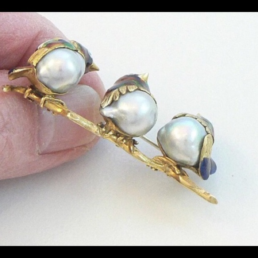 Solid 18kt gold, genuine pearl & enamel, brooch - Picture 3 of 10